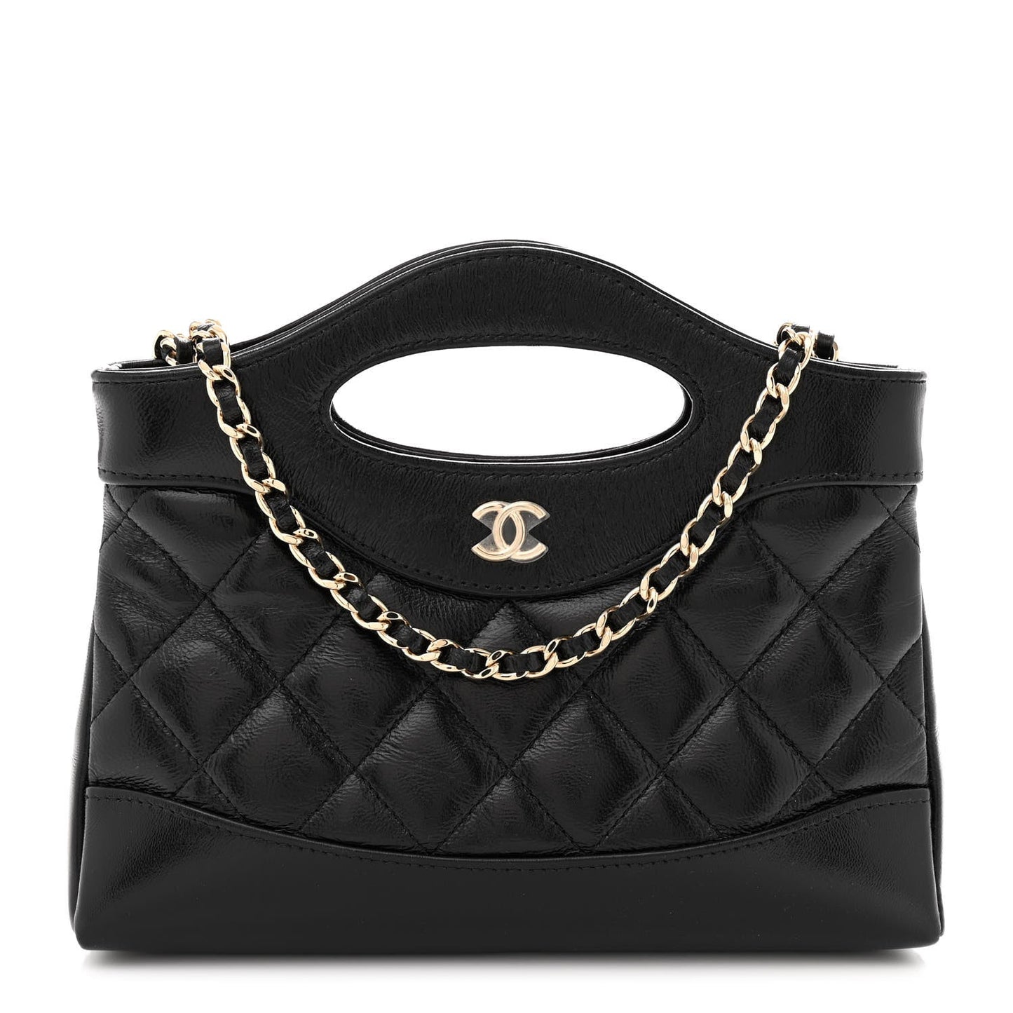 Shiny Crumpled Calfskin Quilted Nano 31 Shopping Bag Black