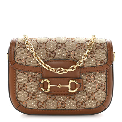 New Canvas Charisma Calfskin Crystal GG Monogram Mini Horsebit 1955 Shoulder Bag Camel Ebony