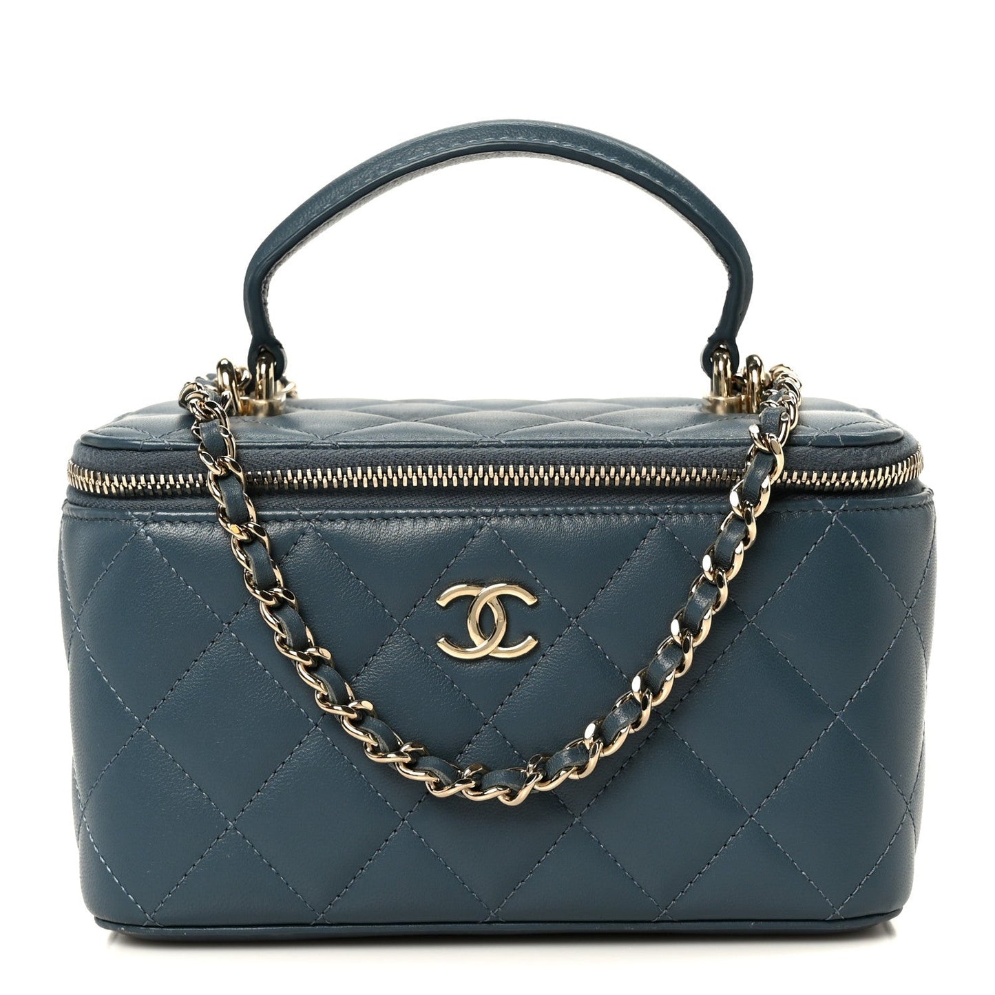 Lambskin Quilted Small Top Handle Vanity Case With Chain Blue