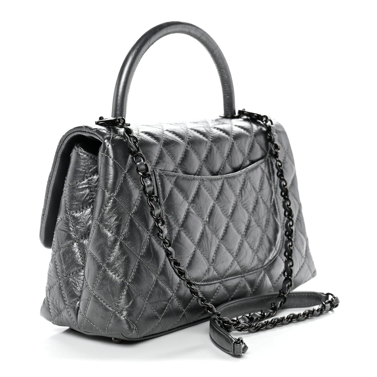 Metallic Aged Calfskin Quilted Small Coco Handle Flap Charcoal