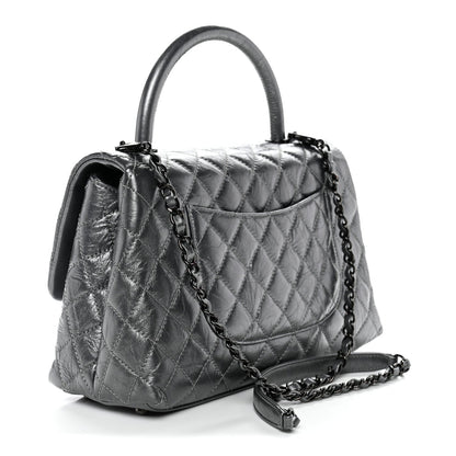Metallic Aged Calfskin Quilted Small Coco Handle Flap Charcoal