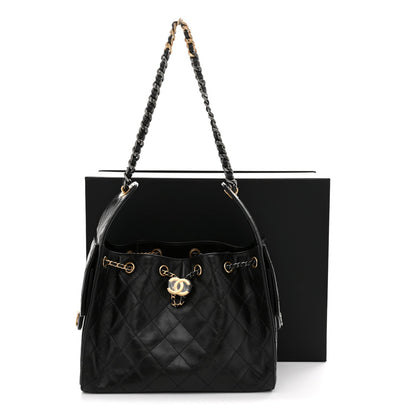 Shiny Crumpled Calfskin Quilted Small Chanel 25 Handbag Black