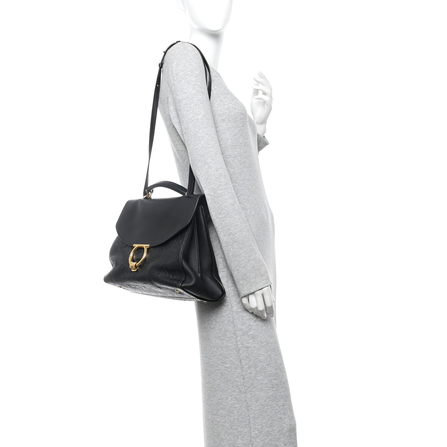 Calfskin Embossed Medium Margot Top Handle Satchel Black