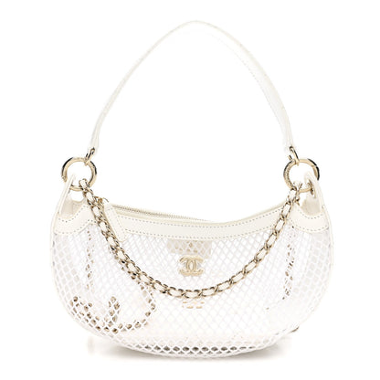 Mesh Shiny Lambskin Chain Hobo White