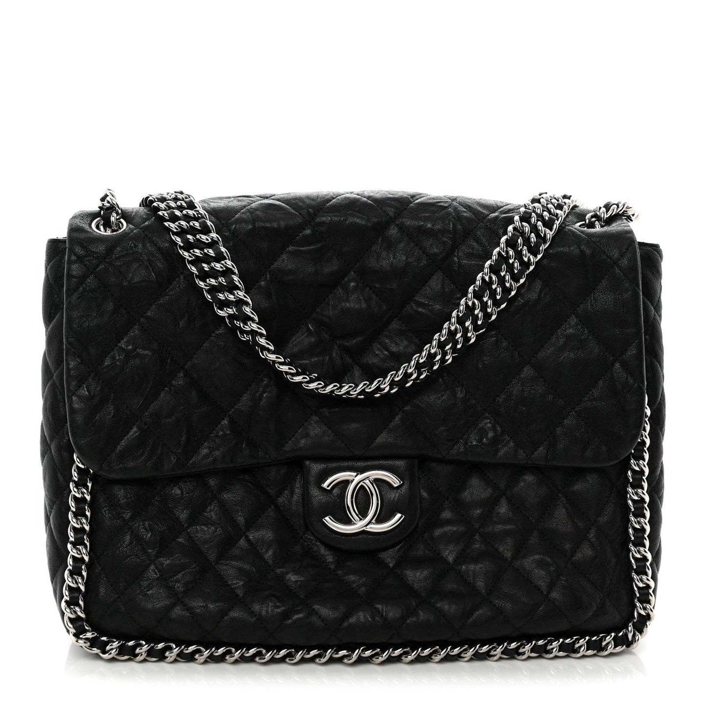 Washed Lambskin Quilted Maxi Chain Around Flap Black