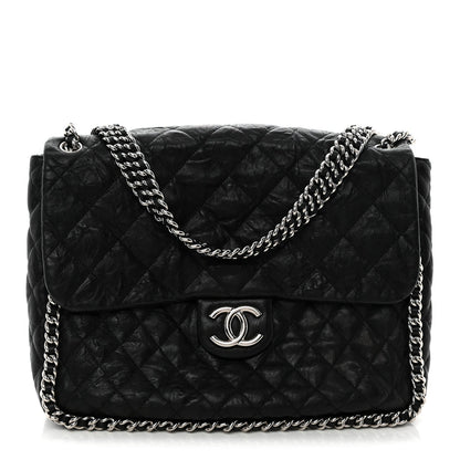 Washed Lambskin Quilted Maxi Chain Around Flap Black