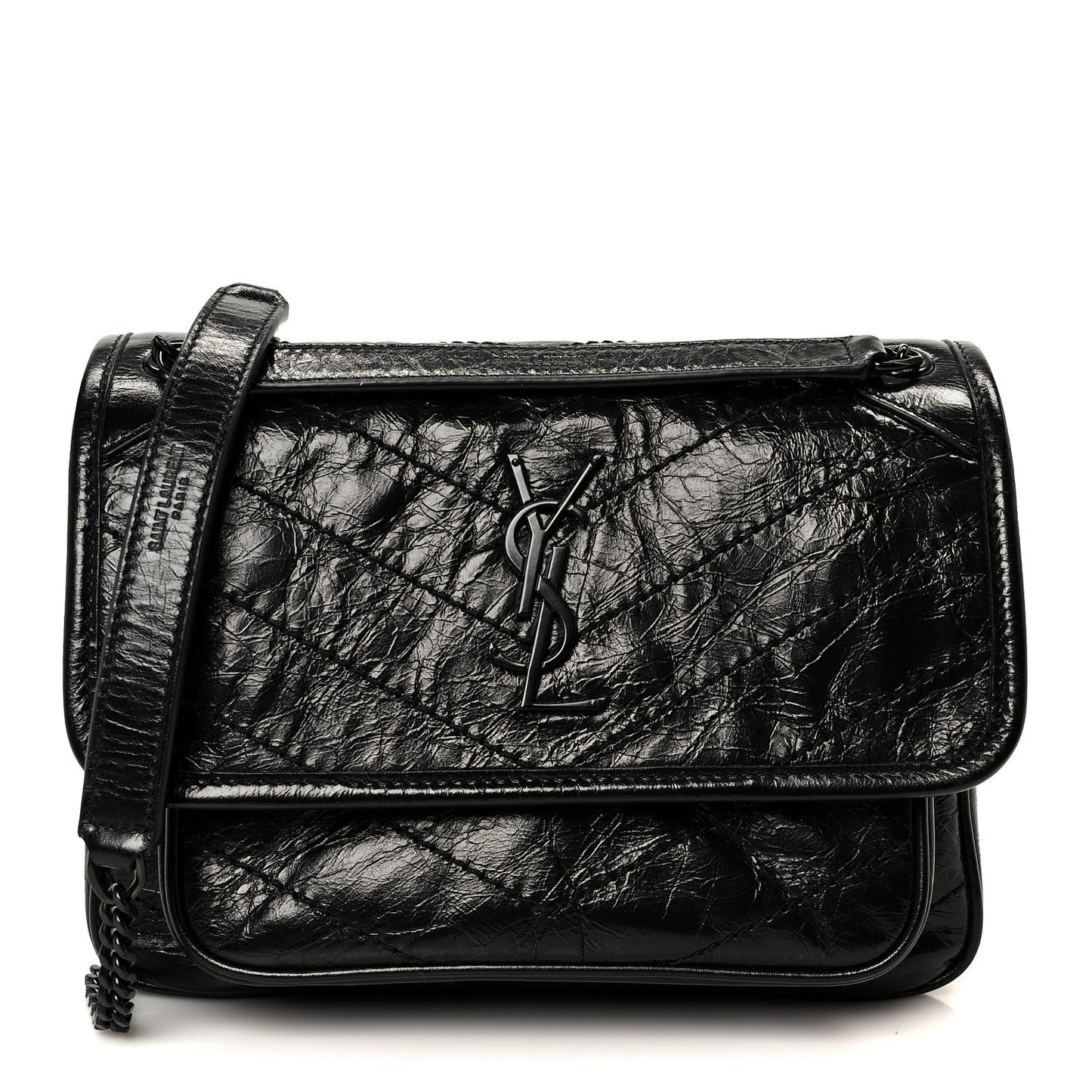 Crinkled Calfskin Matelasse Monogram Baby Niki Chain Satchel Black