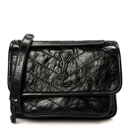 Crinkled Calfskin Matelasse Monogram Baby Niki Chain Satchel Black