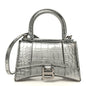 Metallic Calfskin Crocodile Embossed Hourglass Top Handle Bag XS Silver