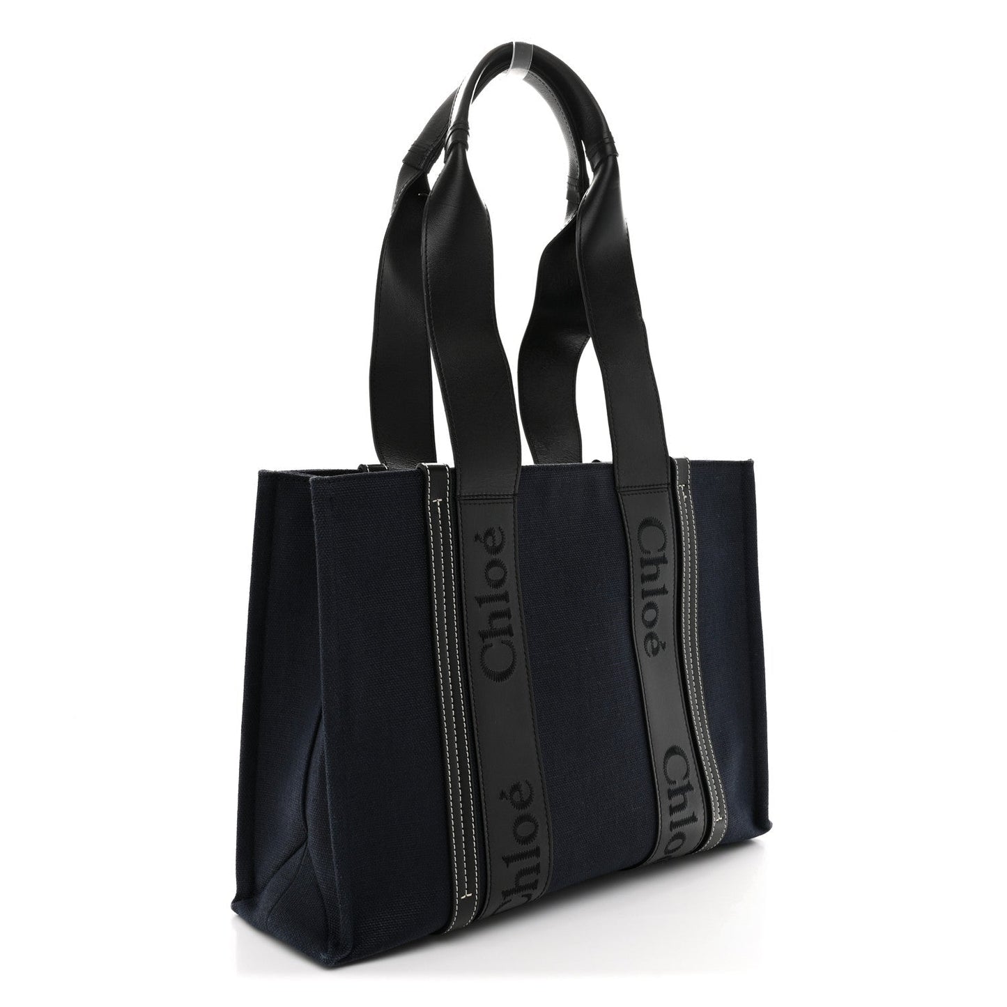 Cotton Shiny Calfskin Medium Woody Ribbon Tote Obscure Navy