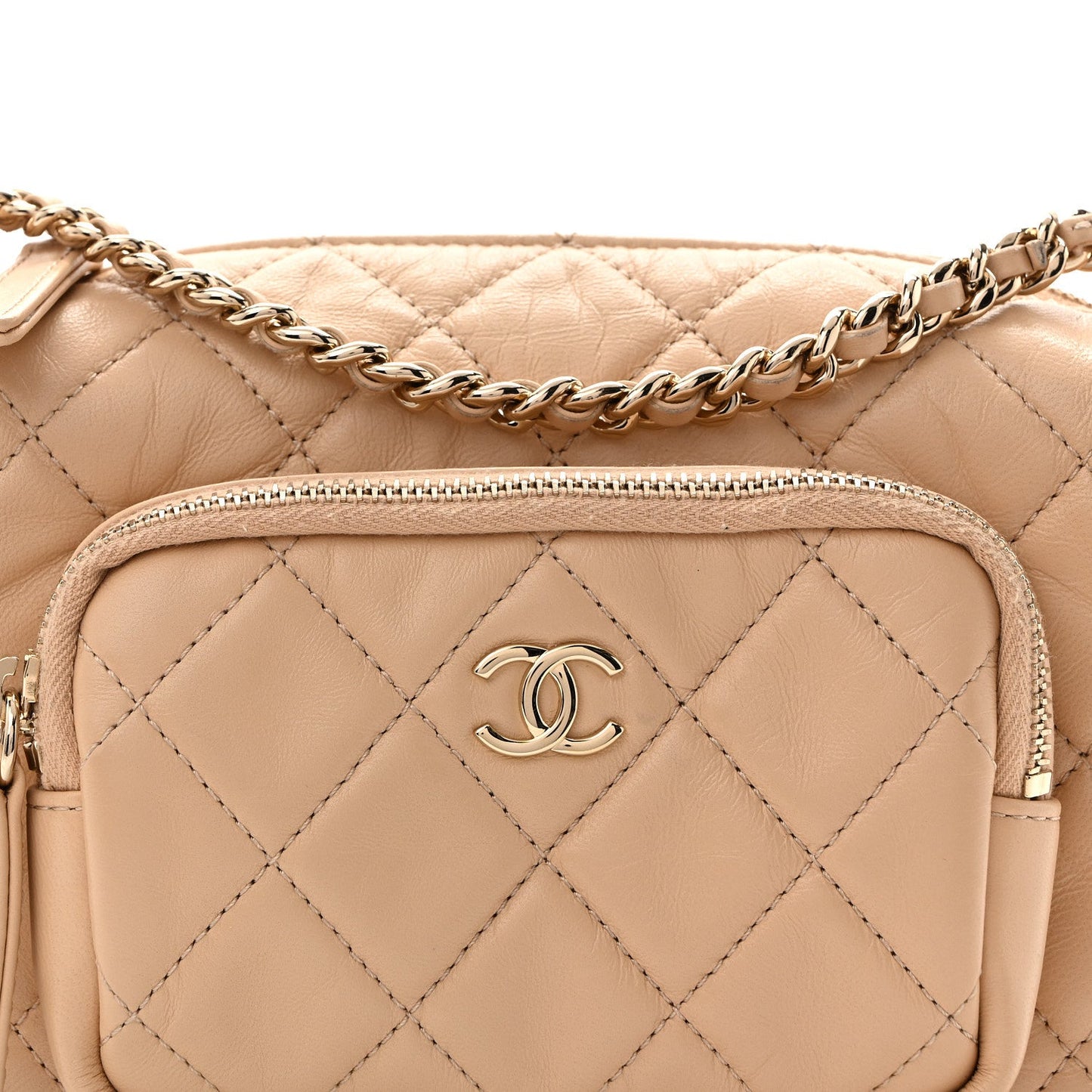 Shiny Crumpled Lambskin Quilted Small Preppy Pocket Camera Case Beige