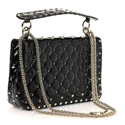 Patent Medium Rockstud Spike Shoulder Bag Black