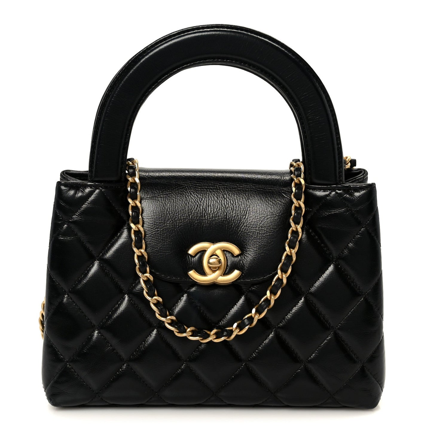 Shiny Aged Calfskin Quilted Nano Kelly Shopper Black