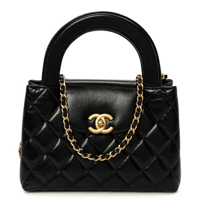 Shiny Aged Calfskin Quilted Nano Kelly Shopper Black