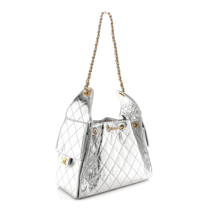 Metallic Crumpled Calfskin Quilted Small Chanel 25 Handbag Silvery