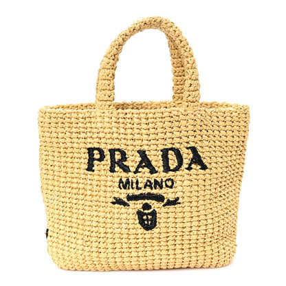 Yarn Raffia Effect Crochet Embroidered Small Logo Tote Naturale