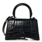 Shiny Calfskin Monochrome Crocodile Embossed Small Hourglass Top Handle Bag Black
