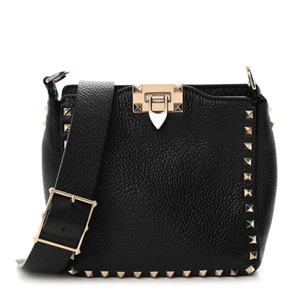 Pebbled Calfskin Mini Rockstud Flip-Lock Messenger Bag Black