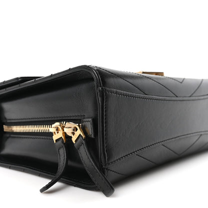 Calfskin Chevron Quilted Medal Flap Black