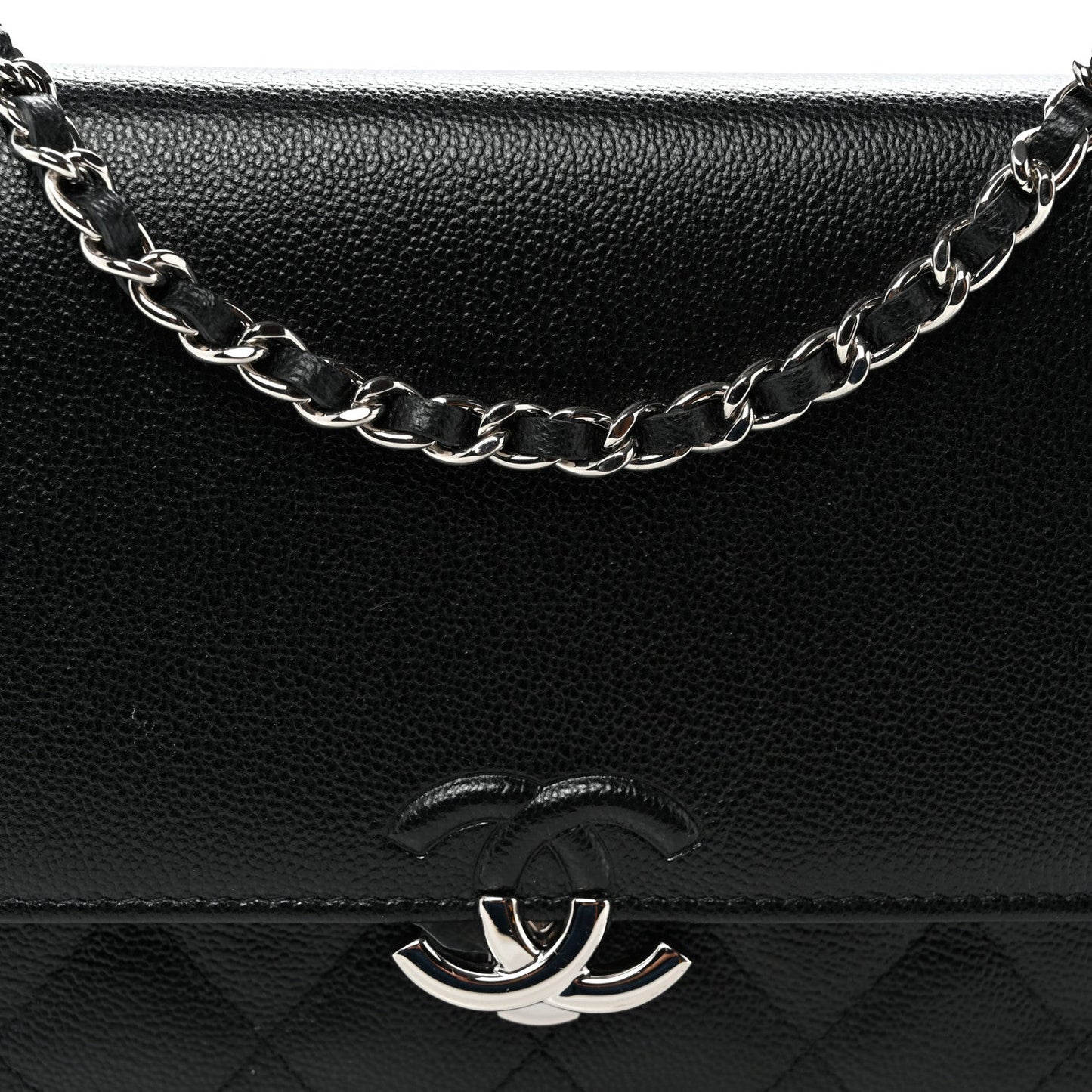 Grained Calfskin Quilted CC Box Wallet On Chain WOC Black