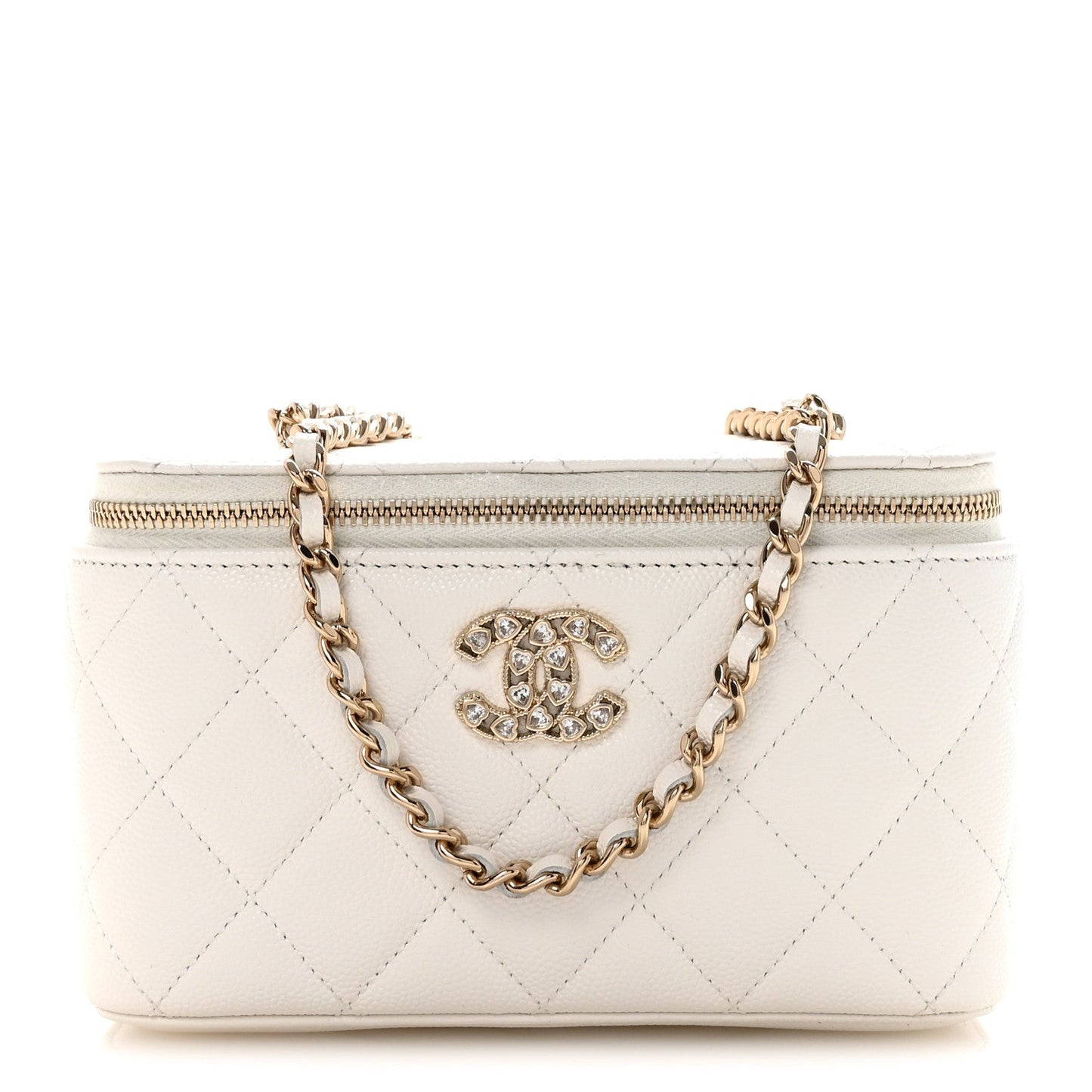 Caviar Quilted Crystal Hearts Small Vanity Case With Chain White