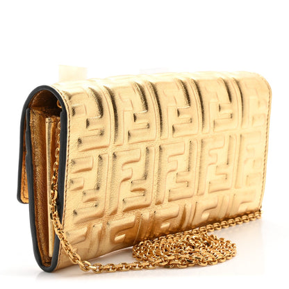 Vitello Catalan Mirror FF 1974 Embossed Continental Wallet on Chain Gold