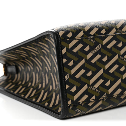 Coated Canvas Calfskin La Greca Signature Tote Bag Black Khaki