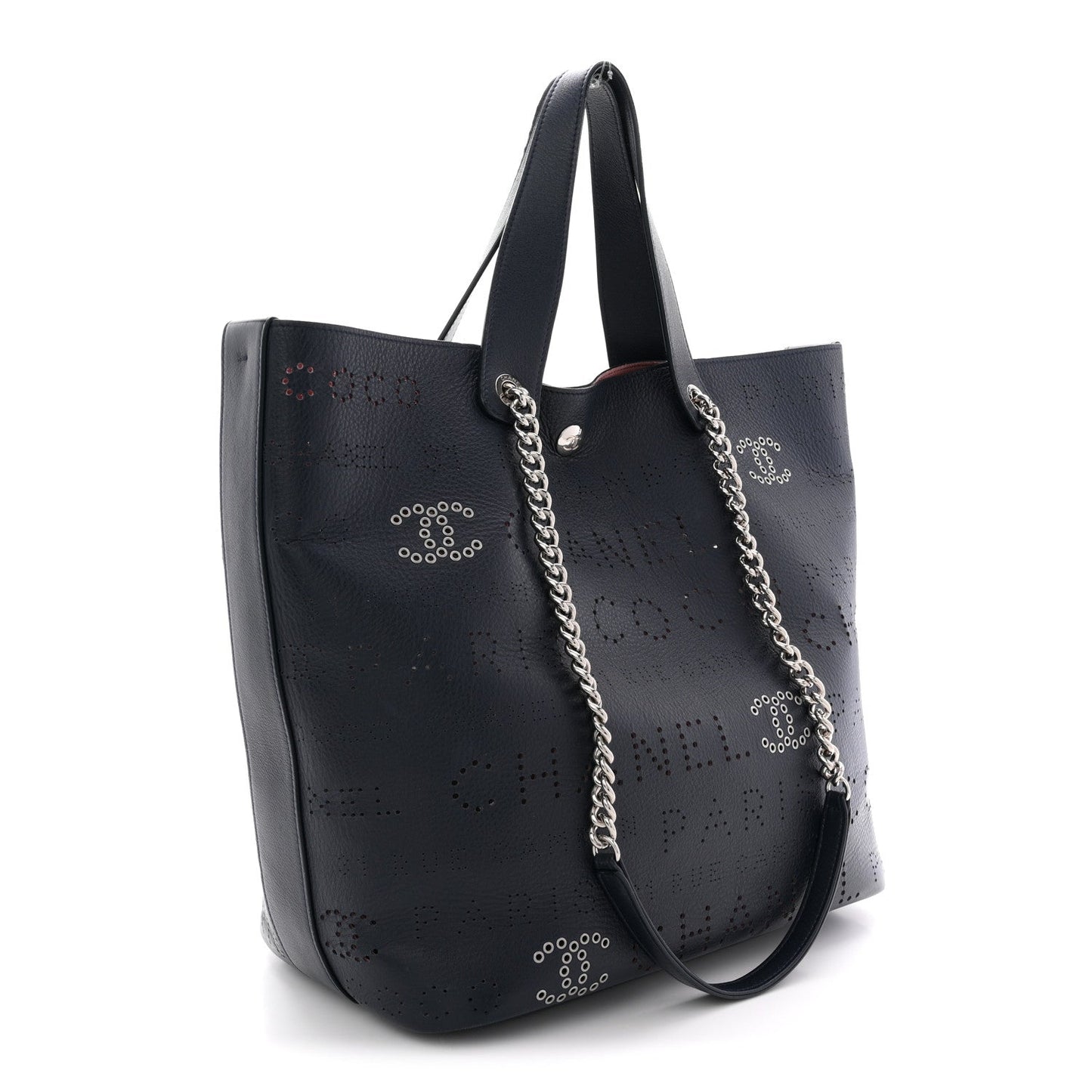 Calfskin Tweed Small Logo Eyelets Shopping Tote Navy Blue