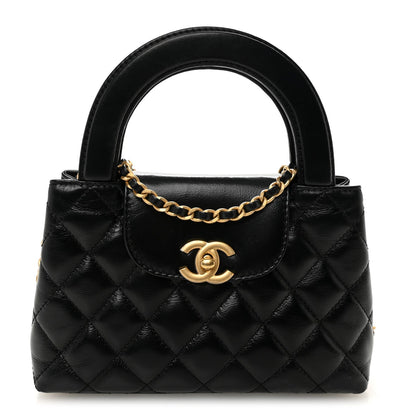 Shiny Aged Calfskin Quilted Nano Kelly Shopper Black