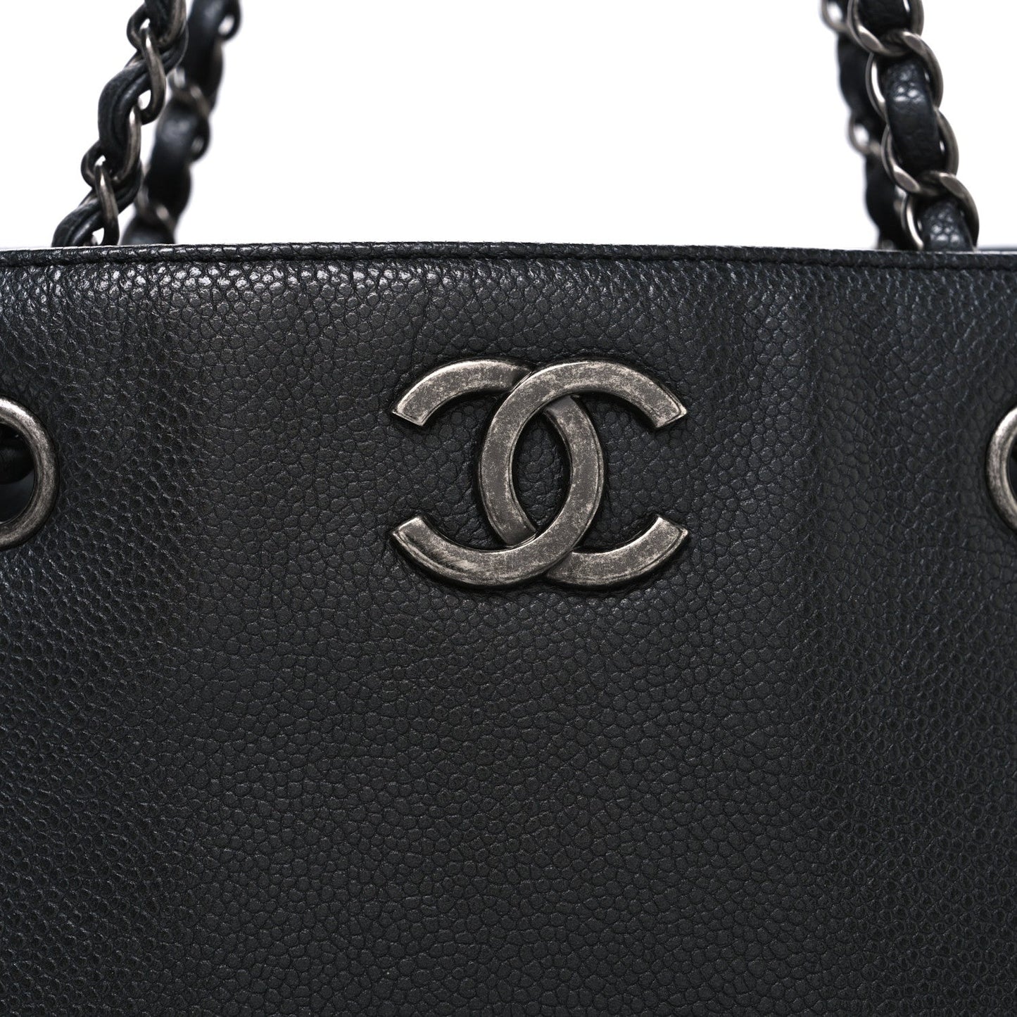 Metallic Grained Calfskin Medium Woven Chain Shopping Bag Black