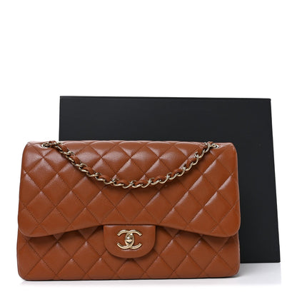Caviar Quilted Jumbo Double Flap Light Brown