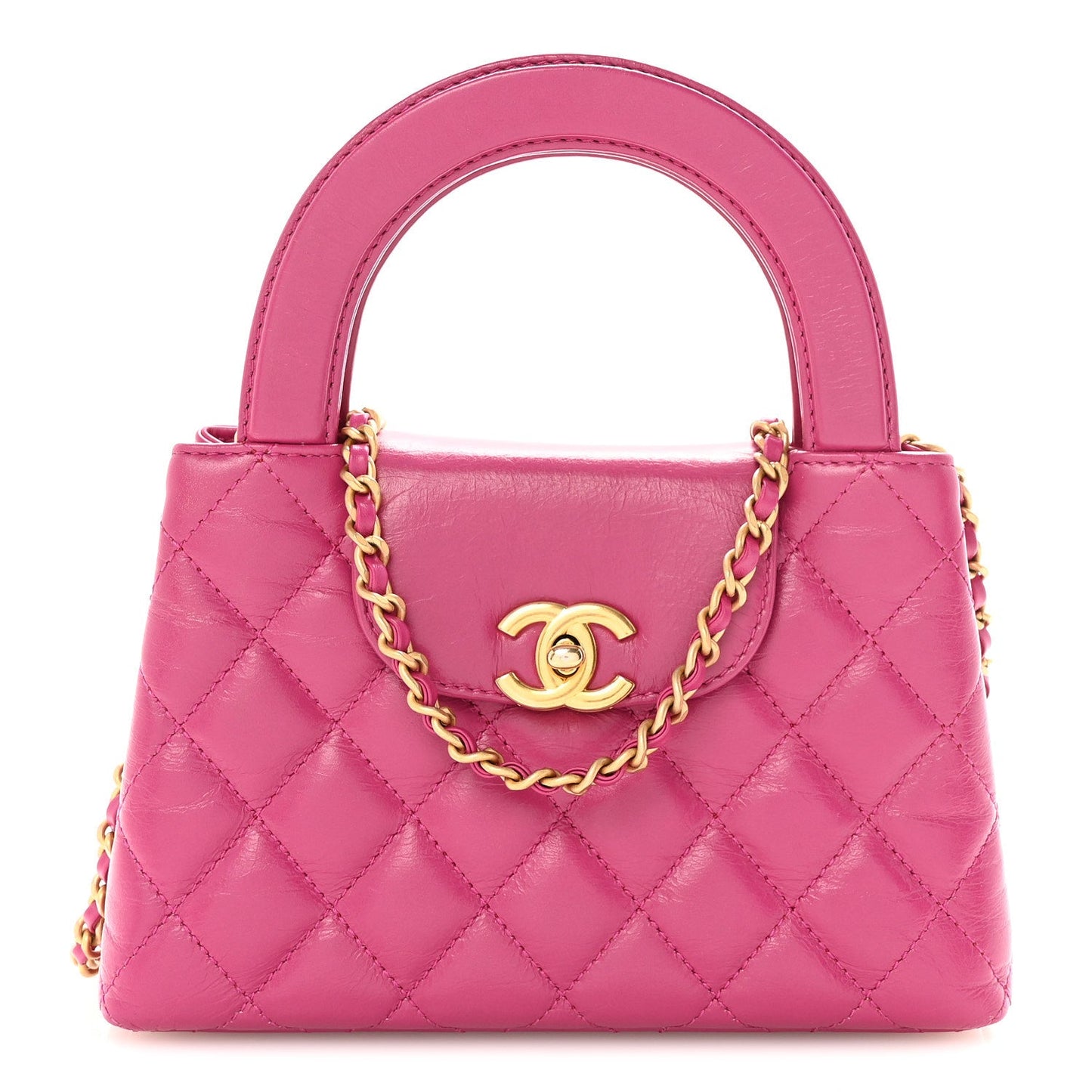 Shiny Aged Calfskin Quilted Nano Kelly Shopper Dark Pink
