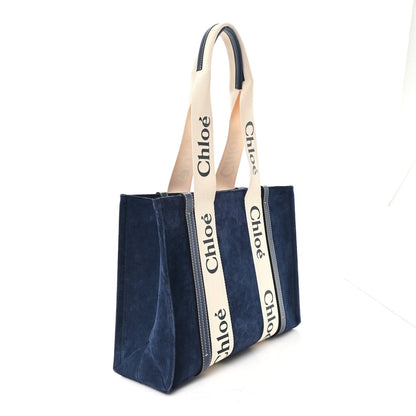 Suede Calfskin Medium Woody Ribbon Tote Navy