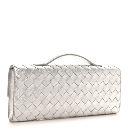 Metallic Lambskin Intrecciato Long Andiamo Top Handle Clutch Silver