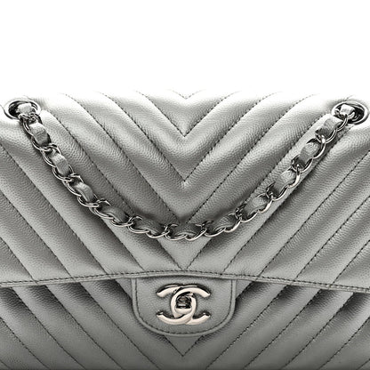 Metallic Caviar Chevron Quilted Medium Double Flap Silver
