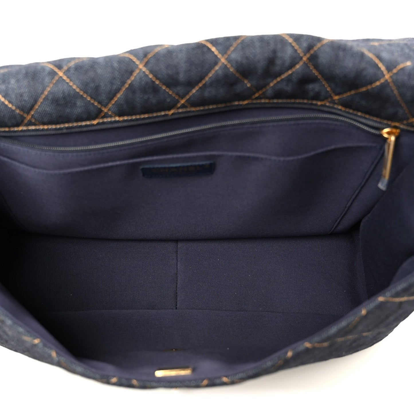 Denim Quilted XXL Travel Flap Bag Dark Blue Orange