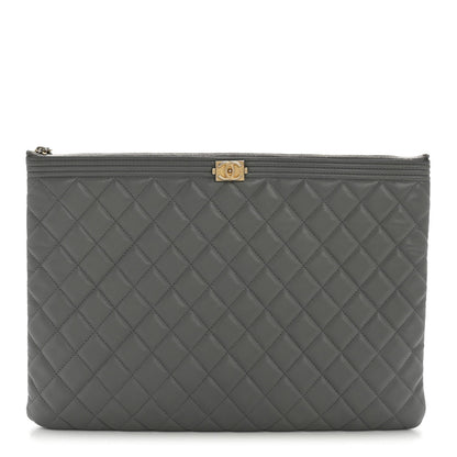 Lambskin Quilted Large Boy Zip Pouch Grey