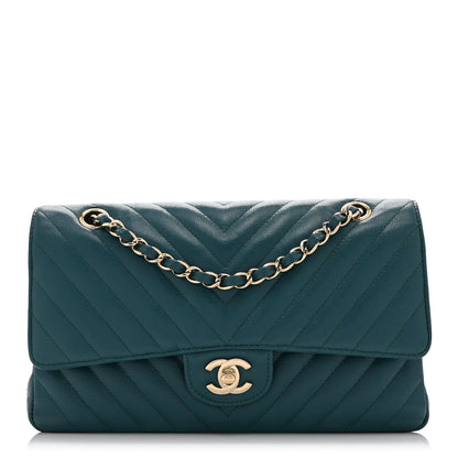 Caviar Chevron Quilted Medium Double Flap  Green