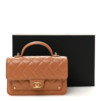 Lambskin Quilted Preppy Satchel Wallet On Chain WOC Brown