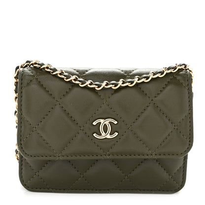 Lambskin Quilted Clutch With Chain Green