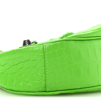 Extra Supple Calfskin Crocodile Embossed Le Cagole Shoulder Bag XS Acid Green