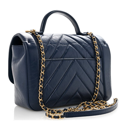 Calfskin Chevron Quilted Top Handle Flap Navy
