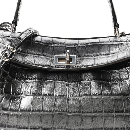 Metallized Calfskin Crocodile Embossed Mini Rodeo Top Handle Handbag Gunmetal