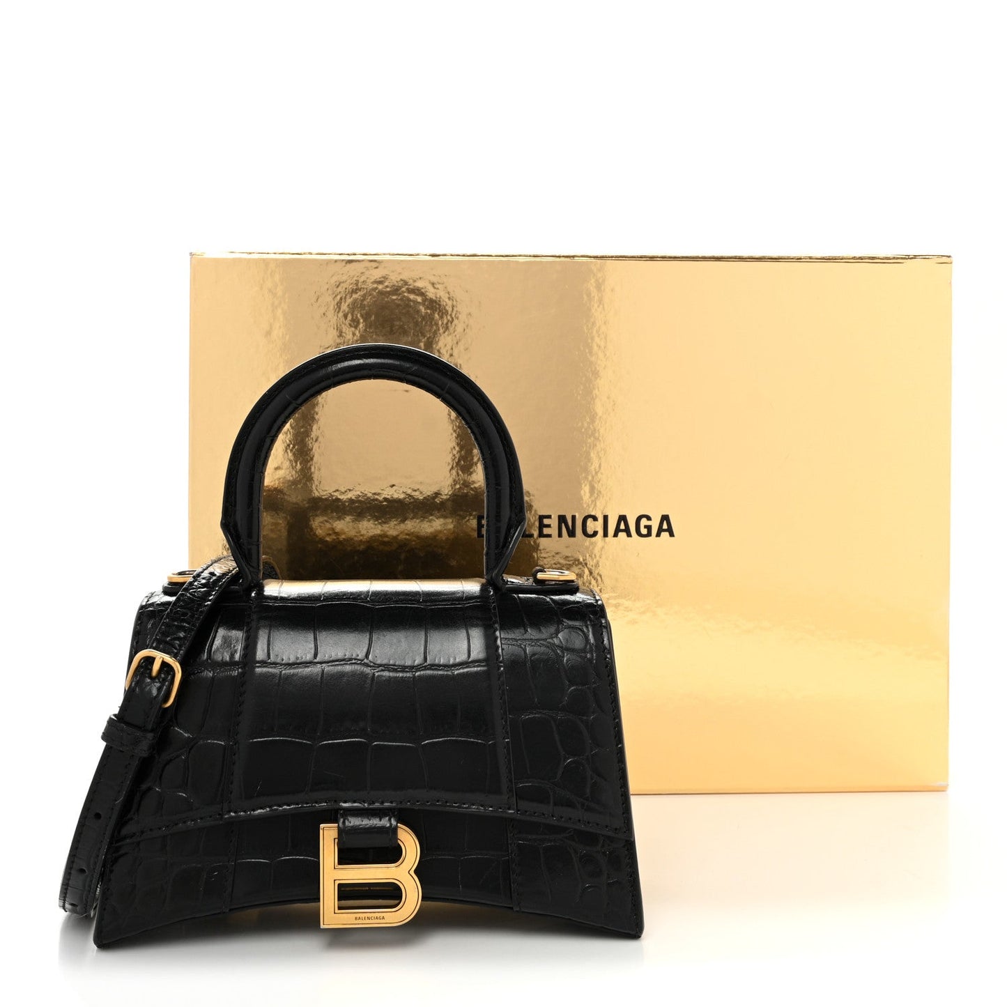 Shiny Calfskin Crocodile Embossed Hourglass Top Handle Bag XS Black