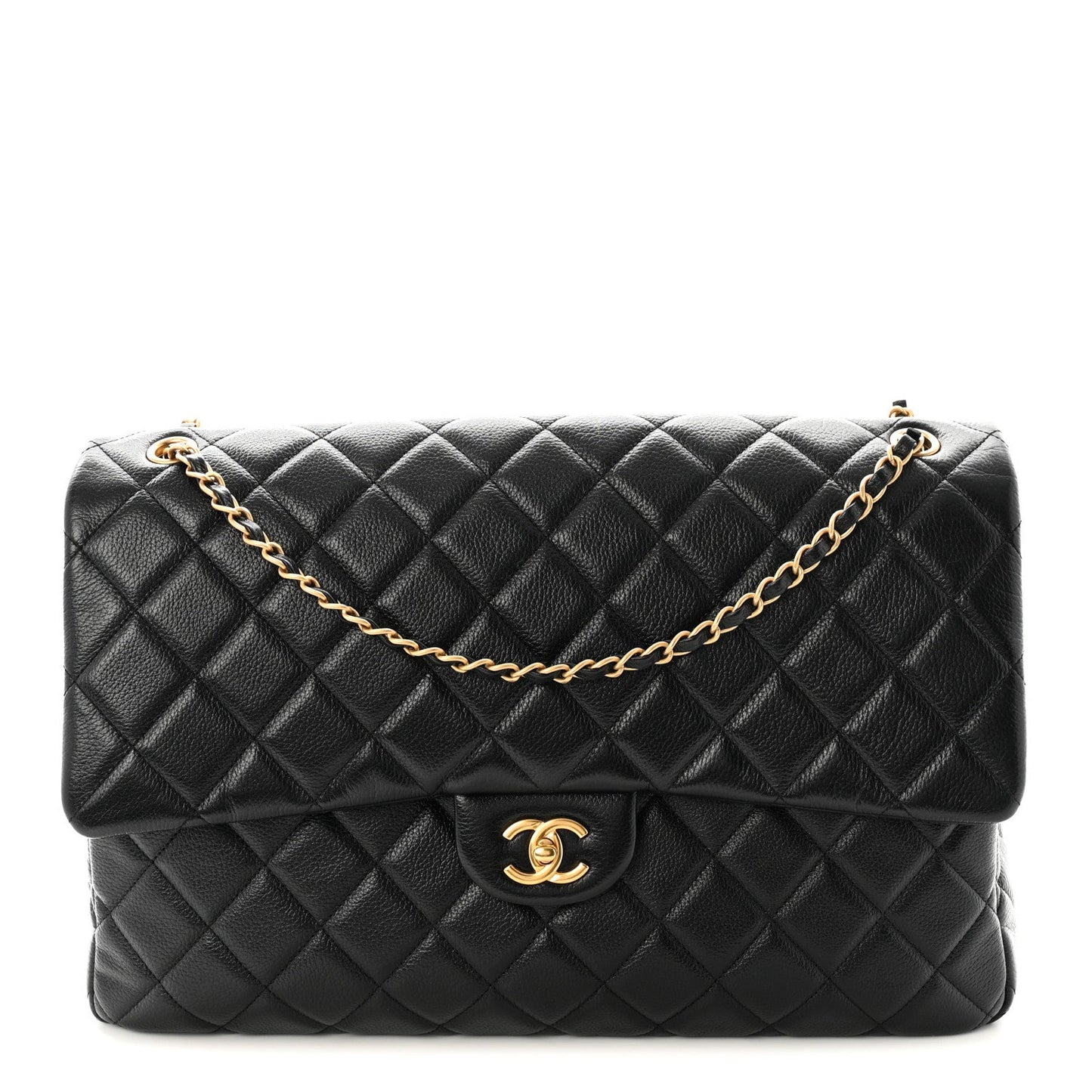 Calfskin Quilted XXL Travel Flap Bag Black