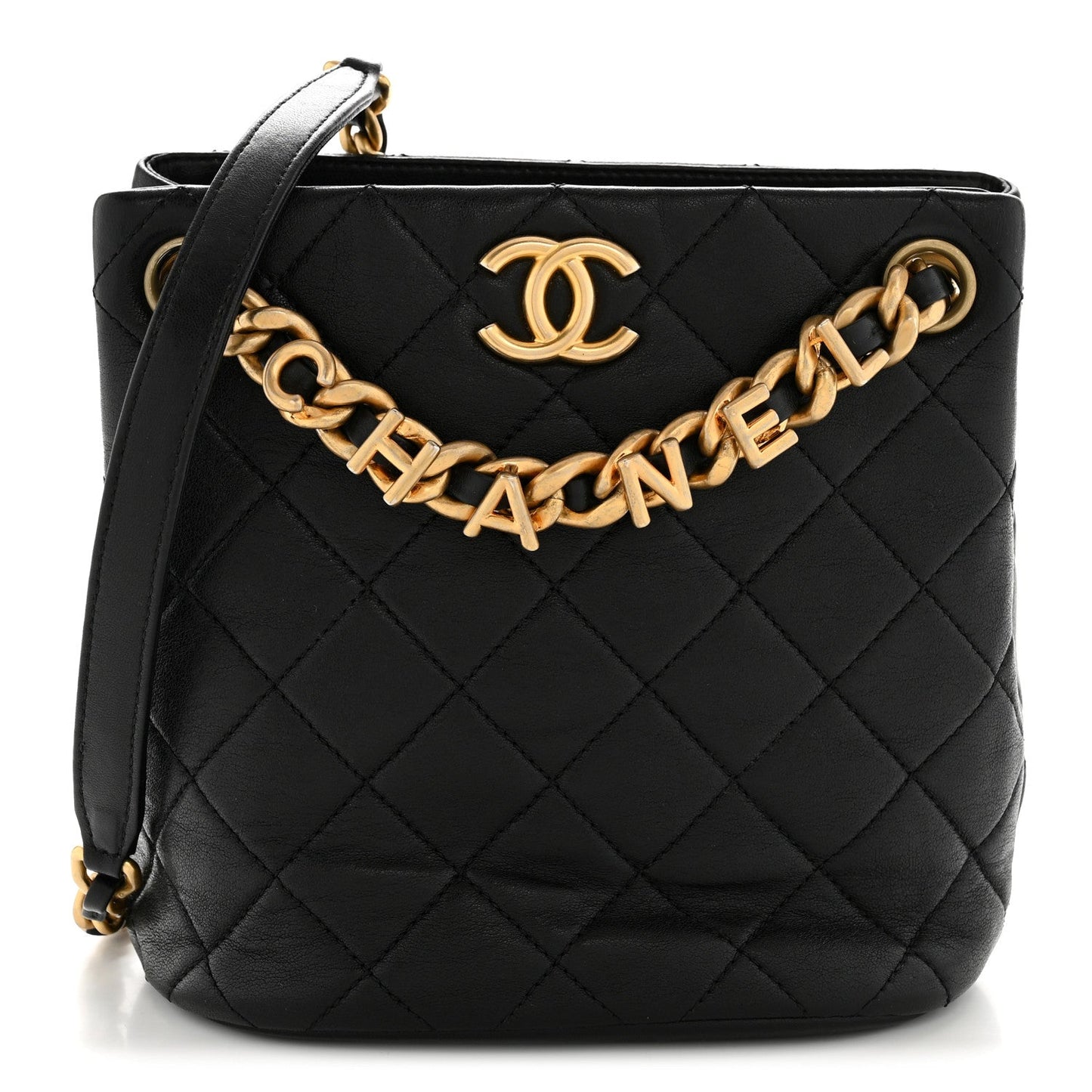 Lambskin Quilted Chaine Lettre Small Bucket Bag Black