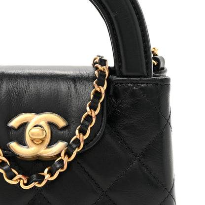 Shiny Aged Calfskin Quilted Mini Nano Kelly Shopper Black