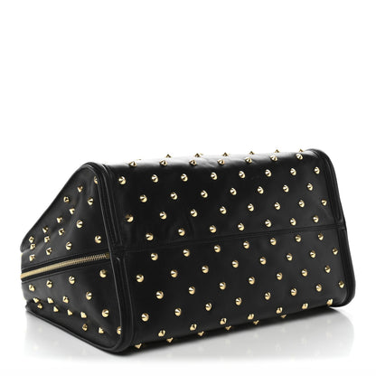 Calfskin Large Studded Padlock Zip Around Tote Black
