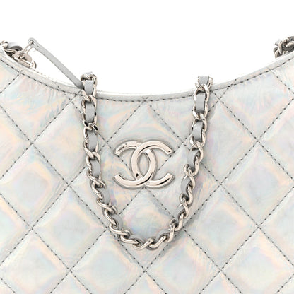 Iridescent Mirror Goatskin Quilted Clutch With Chain Silver