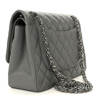 Caviar Quilted Jumbo Double Flap Grey